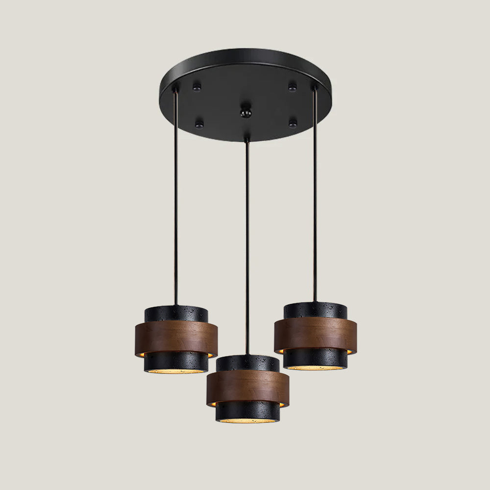 Terra | Natural Travertine Pendant Light with Walnut Band, Hanging Lamp for Dining Table