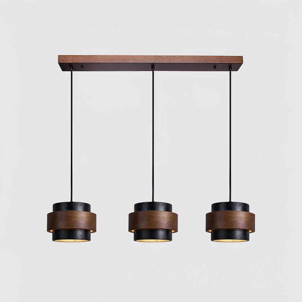 Terra | Natural Travertine Pendant Light with Walnut Band, Hanging Lamp for Dining Table
