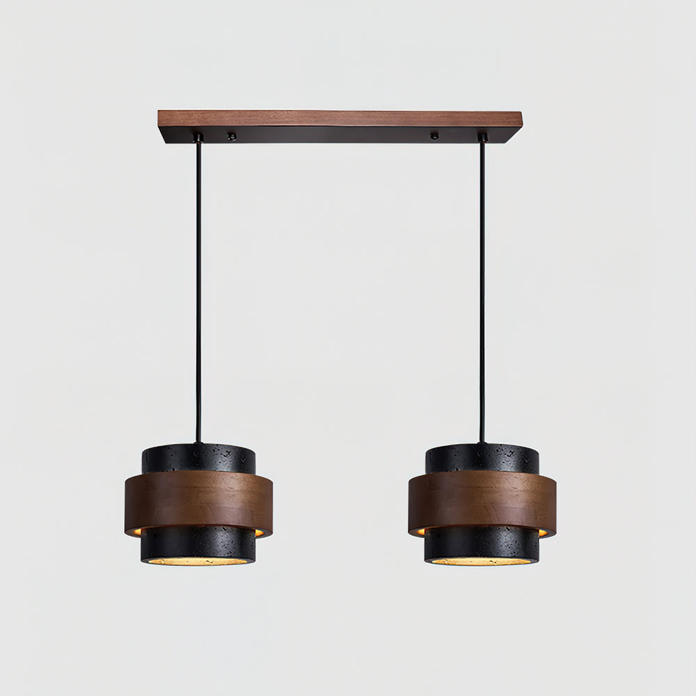 Terra | Natural Travertine Pendant Light with Walnut Band, Hanging Lamp for Dining Table