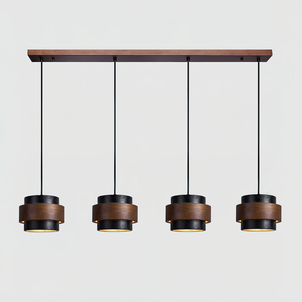 Terra | Natural Travertine Pendant Light with Walnut Band, Hanging Lamp for Dining Table