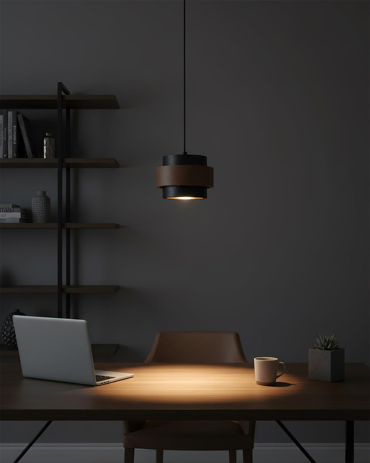 Terra | Natural Travertine Pendant Light with Walnut Band, Hanging Lamp for Dining Table