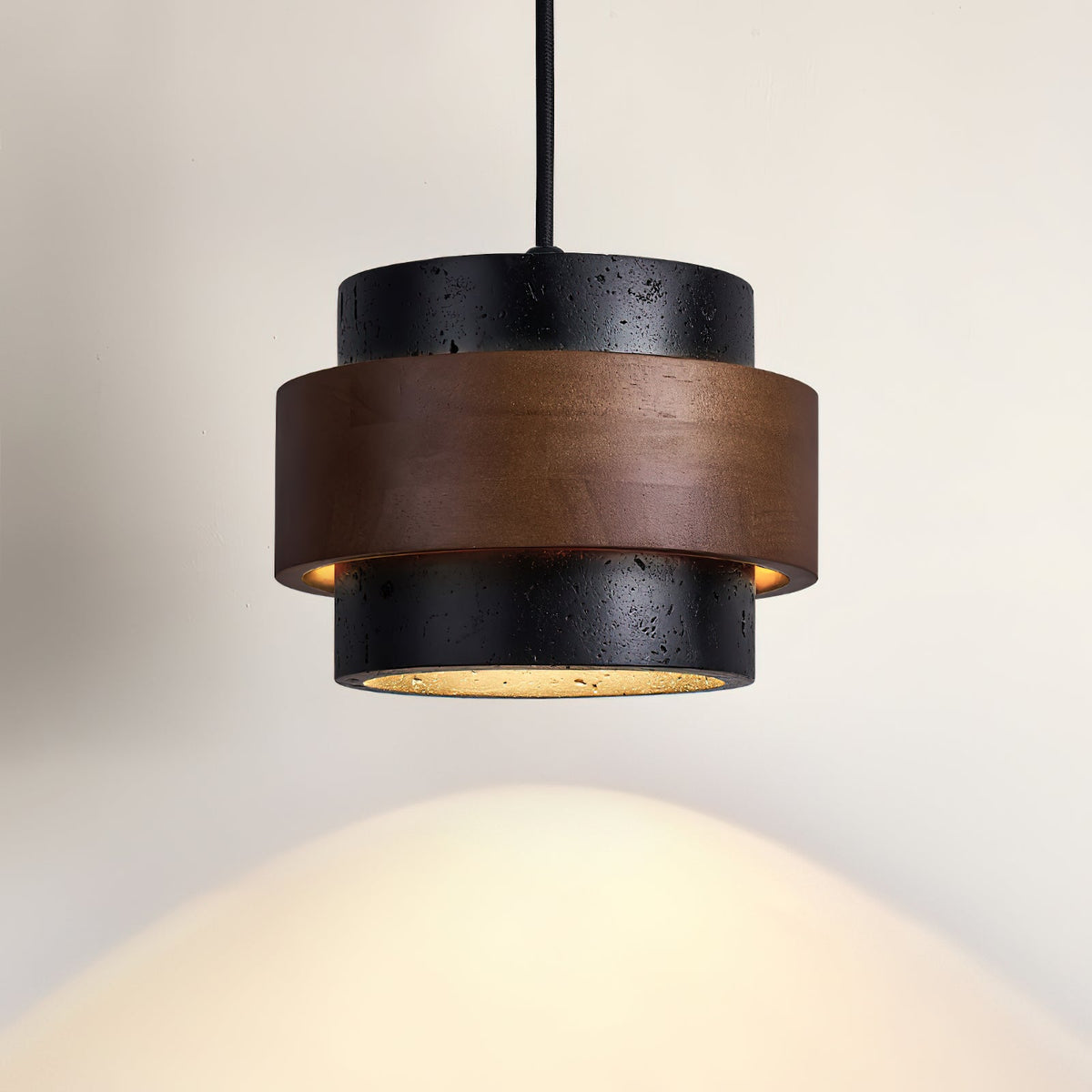 Terra | Natural Travertine Pendant Light with Walnut Band, Hanging Lamp for Dining Table