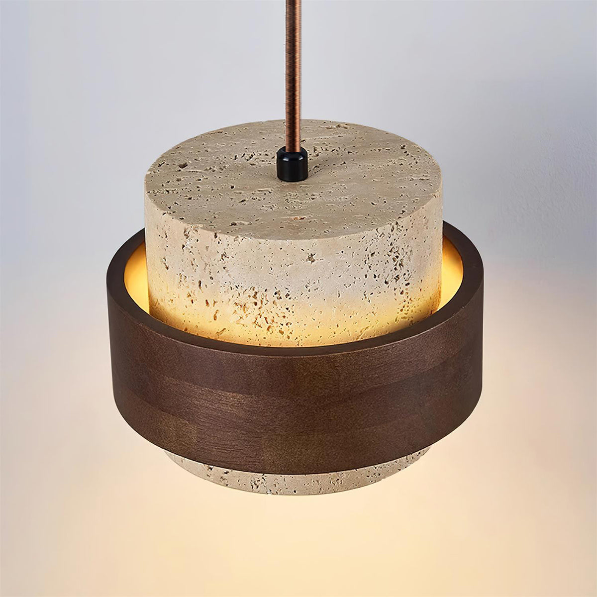 Terra | Natural Travertine Pendant Light with Walnut Band, Hanging Lamp for Dining Table
