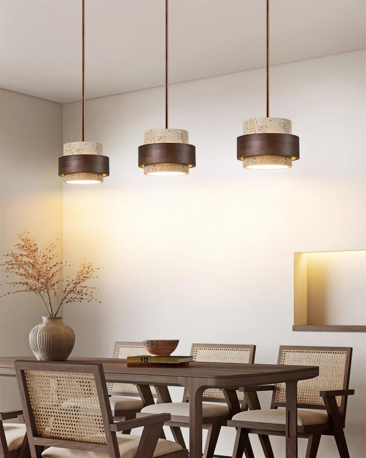 Terra | Natural Travertine Pendant Light with Walnut Band, Hanging Lamp for Dining Table
