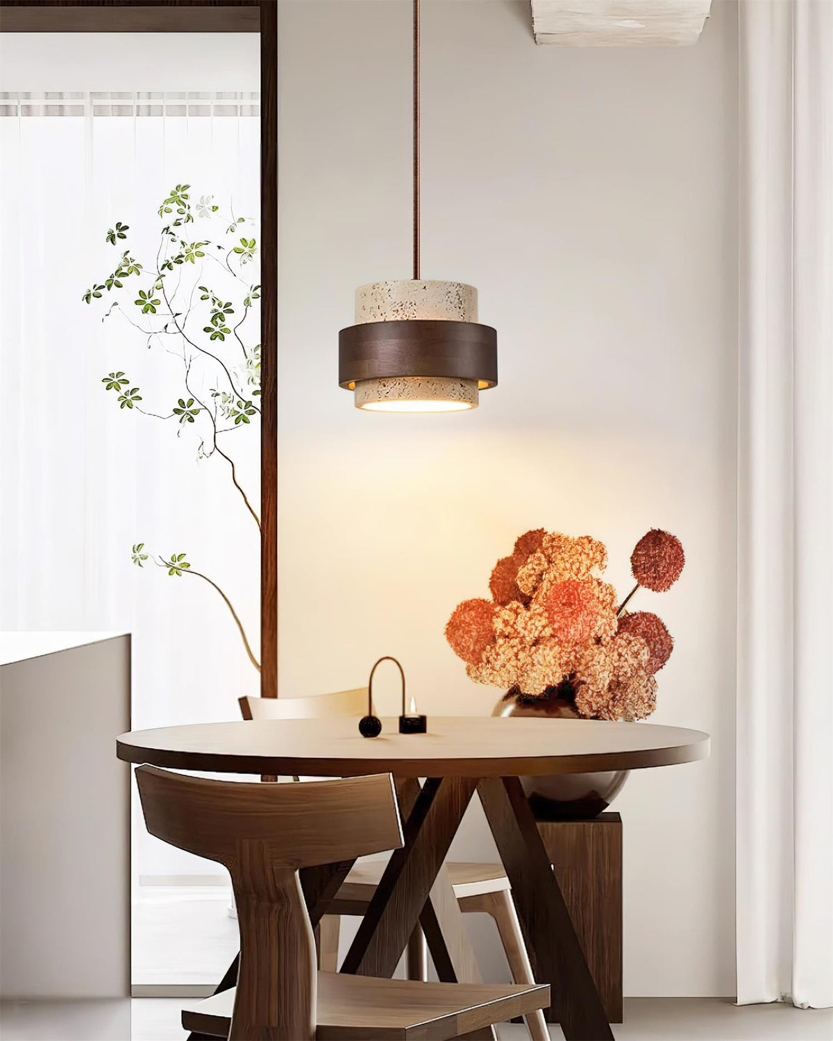 Terra | Natural Travertine Pendant Light with Walnut Band, Hanging Lamp for Dining Table