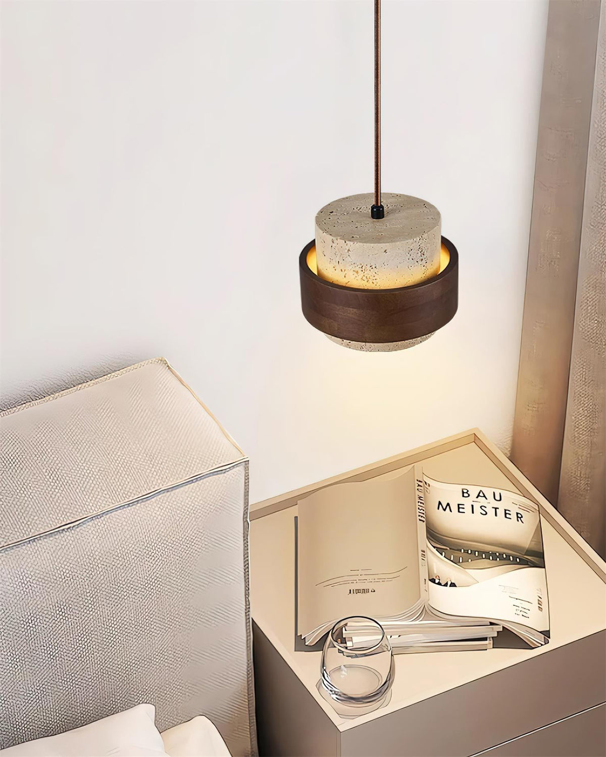 Terra | Natural Travertine Pendant Light with Walnut Band, Hanging Lamp for Dining Table