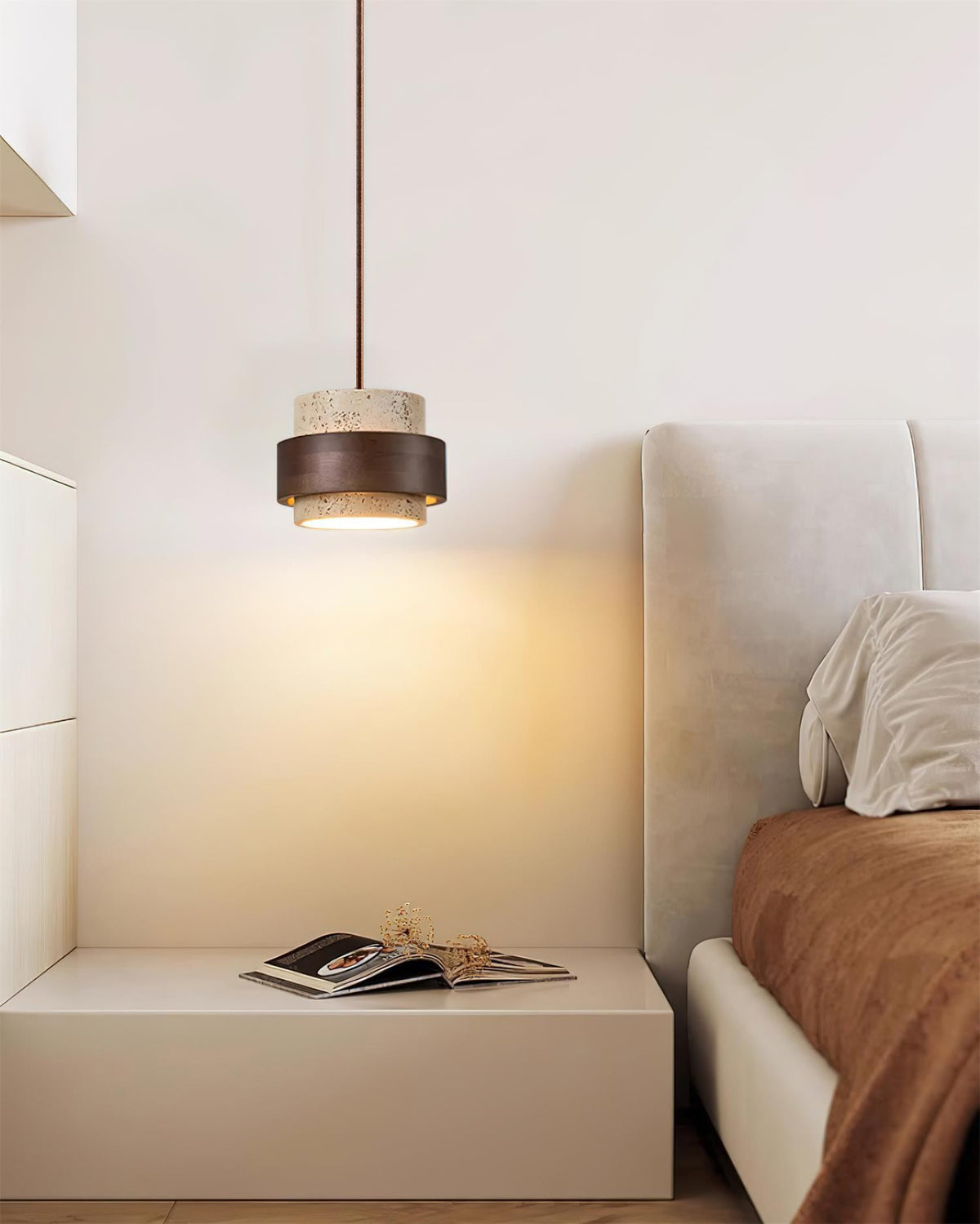 Terra | Natural Travertine Pendant Light with Walnut Band, Hanging Lamp for Dining Table