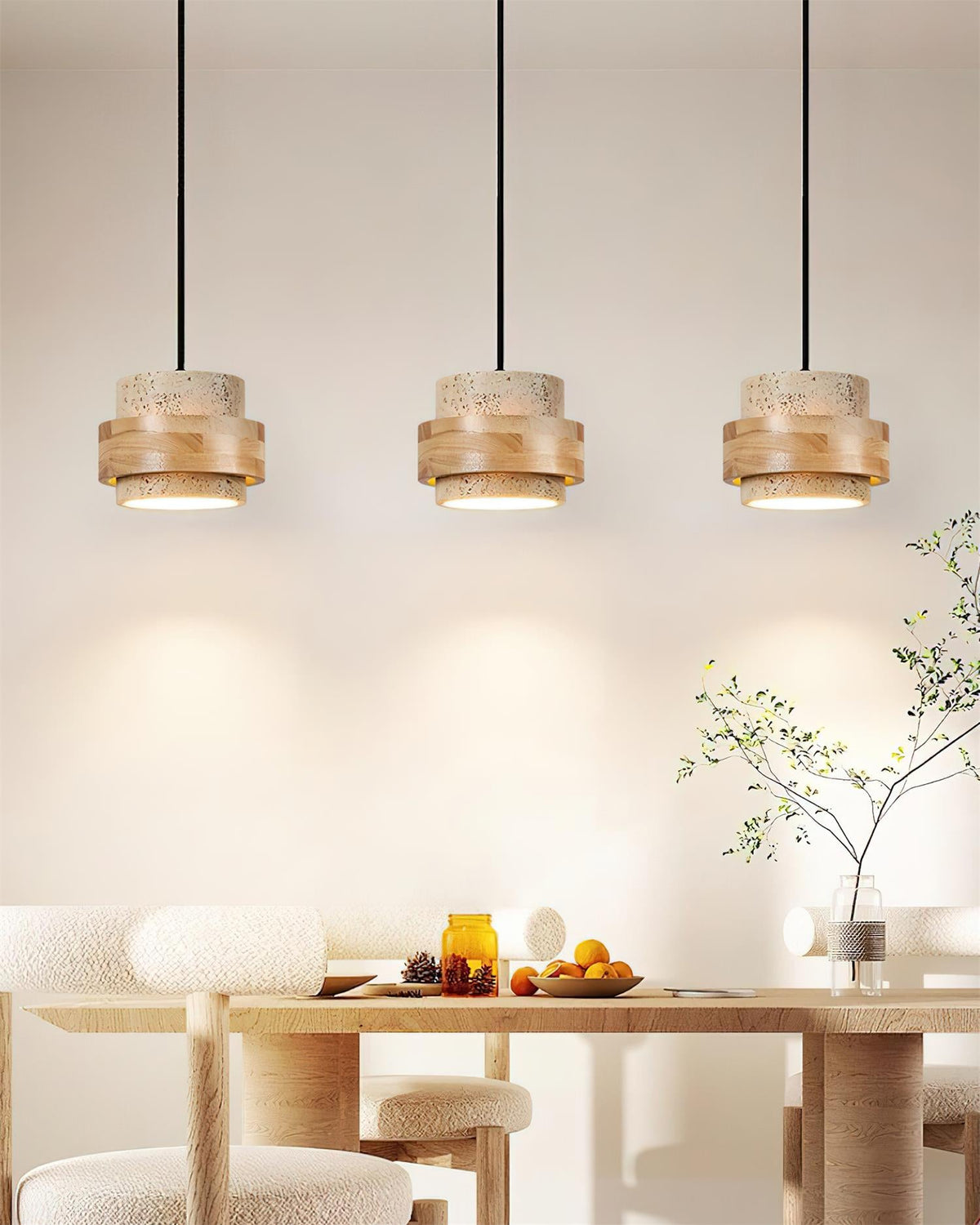 Terra | Natural Travertine Pendant Light with Walnut Band, Hanging Lamp for Dining Table