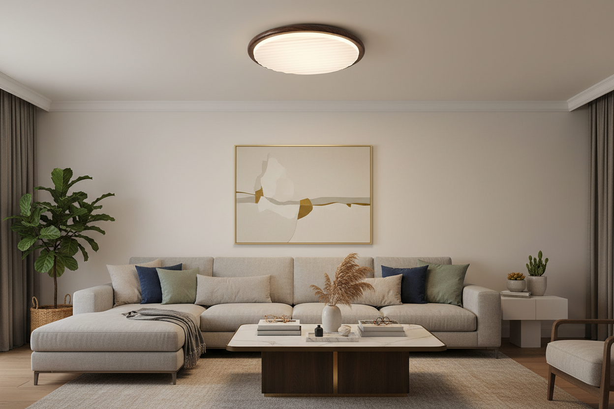 Wood LED Ceiling Light Round Wooden Flush Mount Lamp