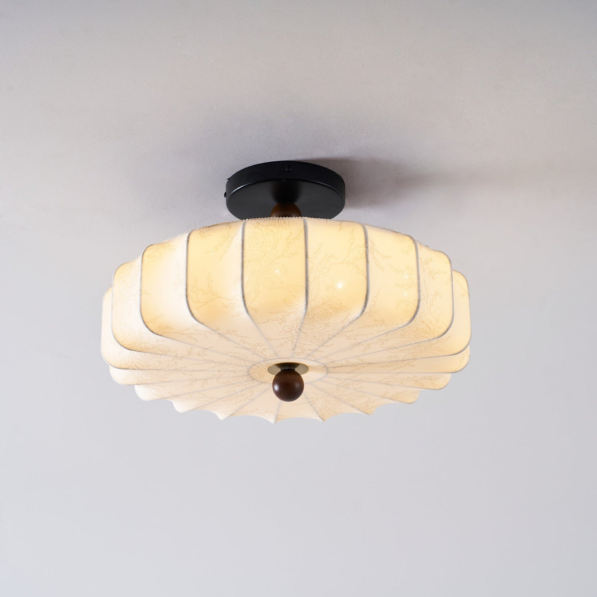 Rosa | Flush Mount LED Ceiling Light with Floral Fabric Shade, Walnut Canopy for Bedroom