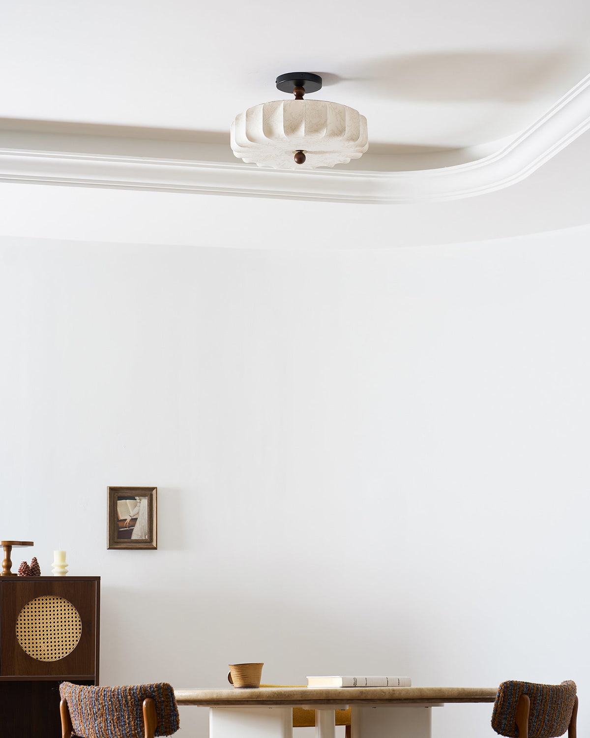 Rosa | Flush Mount LED Ceiling Light with Floral Fabric Shade, Walnut Canopy for Bedroom