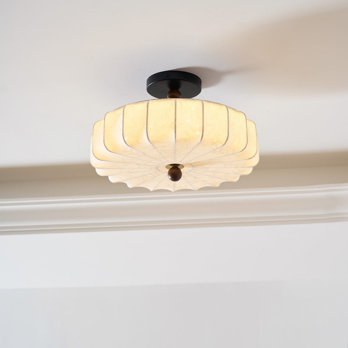 Rosa | Flush Mount LED Ceiling Light with Floral Fabric Shade, Walnut Canopy for Bedroom