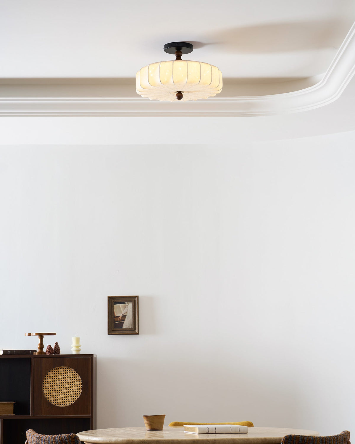 Rosa | Flush Mount LED Ceiling Light with Floral Fabric Shade, Walnut Canopy for Bedroom