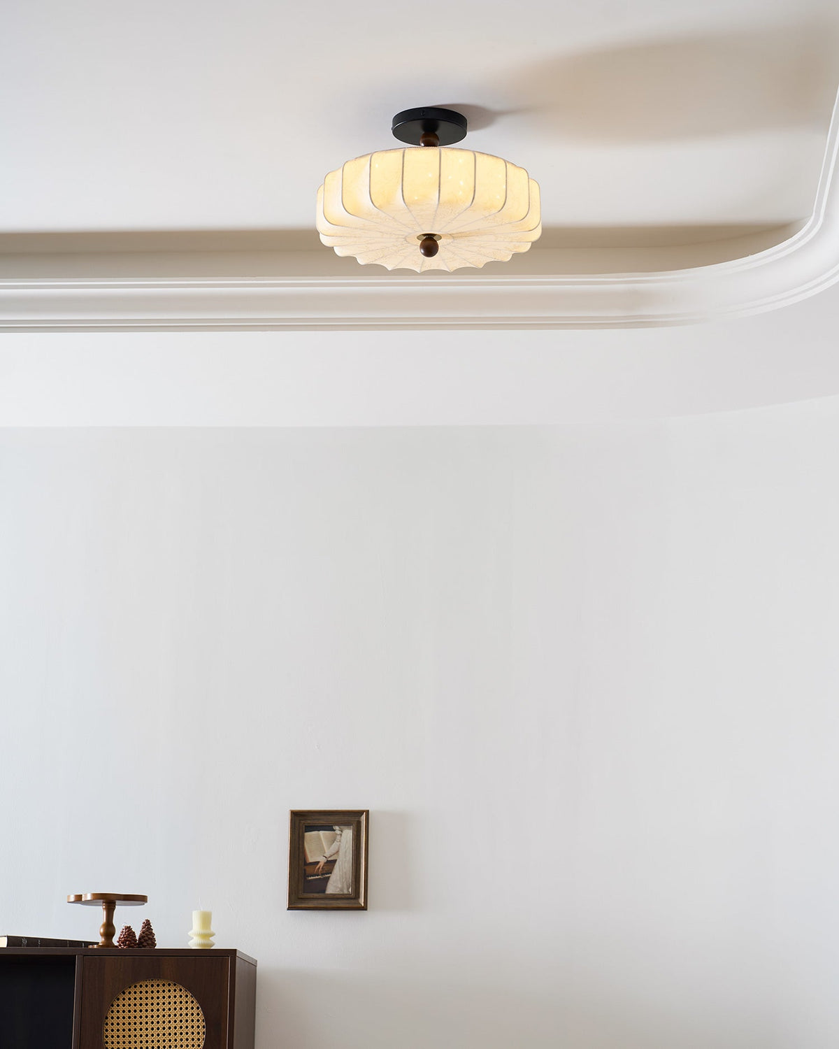 Rosa | Flush Mount LED Ceiling Light with Floral Fabric Shade, Walnut Canopy for Bedroom