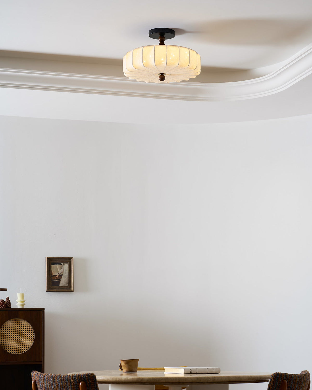 Rosa | Flush Mount LED Ceiling Light with Floral Fabric Shade, Walnut Canopy for Bedroom