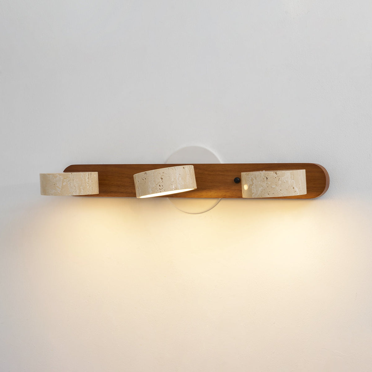 Travertine Stone Wall Sconce with Dimmable LED | Natural Wood Accent for Warm Ambient Glow