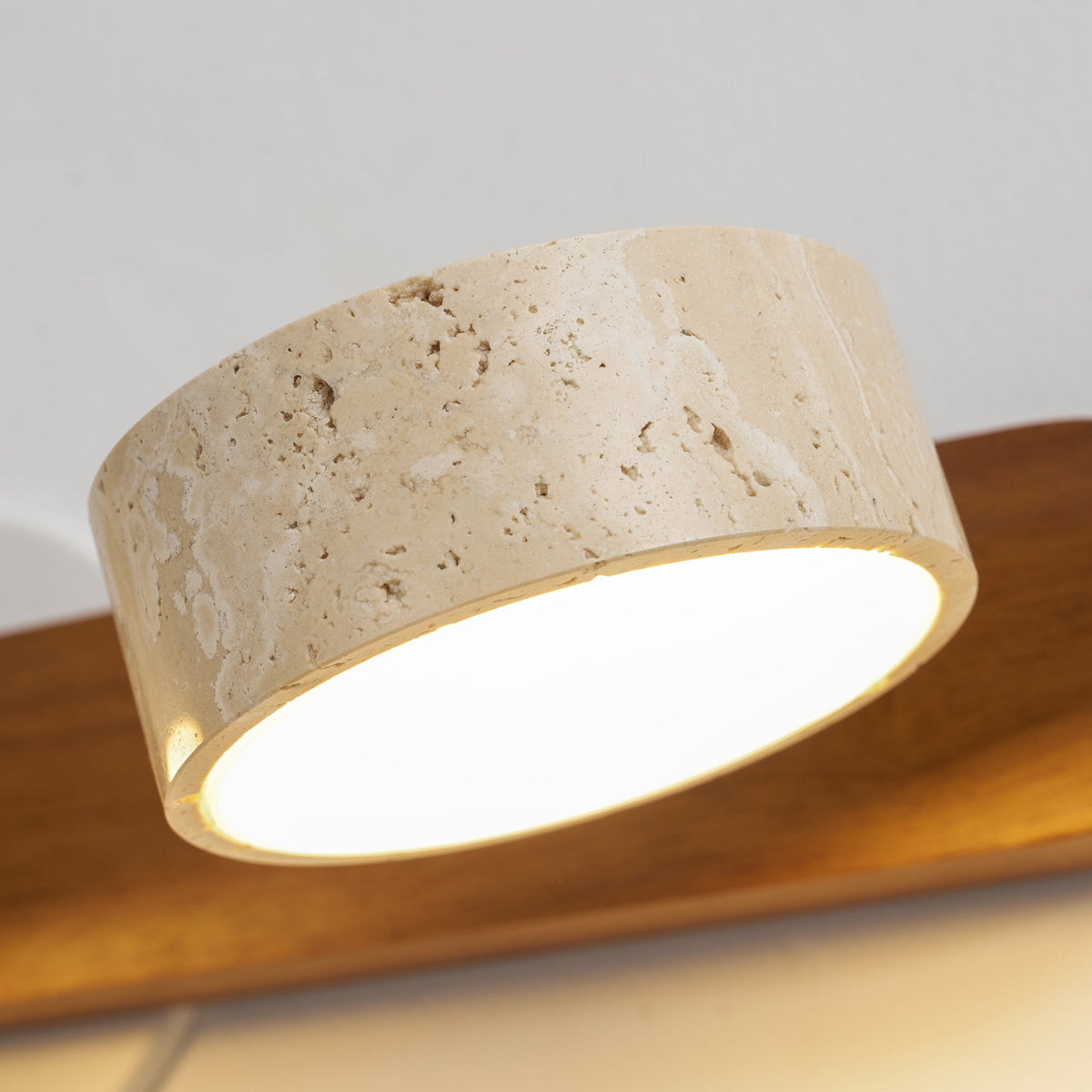 Travertine Stone Wall Sconce with Dimmable LED | Natural Wood Accent for Warm Ambient Glow