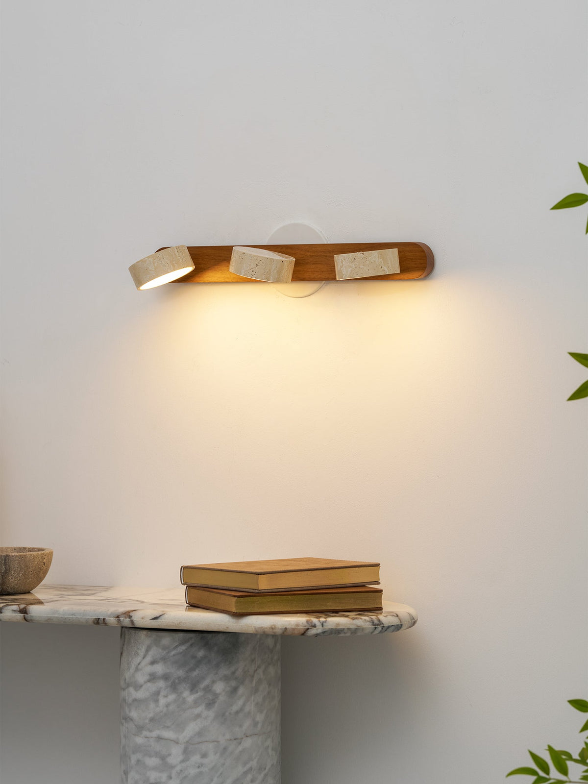 Travertine Stone Wall Sconce with Dimmable LED | Natural Wood Accent for Warm Ambient Glow
