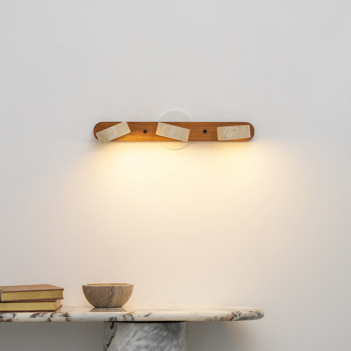 Travertine Stone Wall Sconce with Dimmable LED | Natural Wood Accent for Warm Ambient Glow