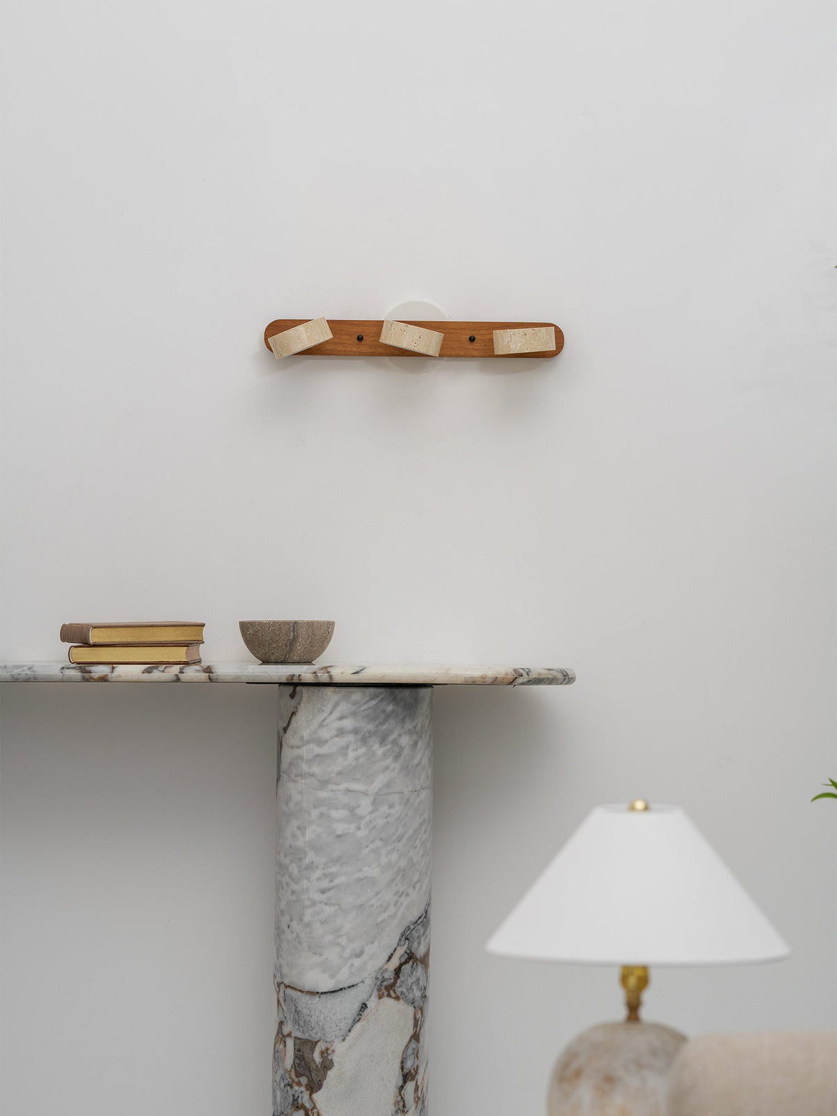 Travertine Stone Wall Sconce with Dimmable LED | Natural Wood Accent for Warm Ambient Glow