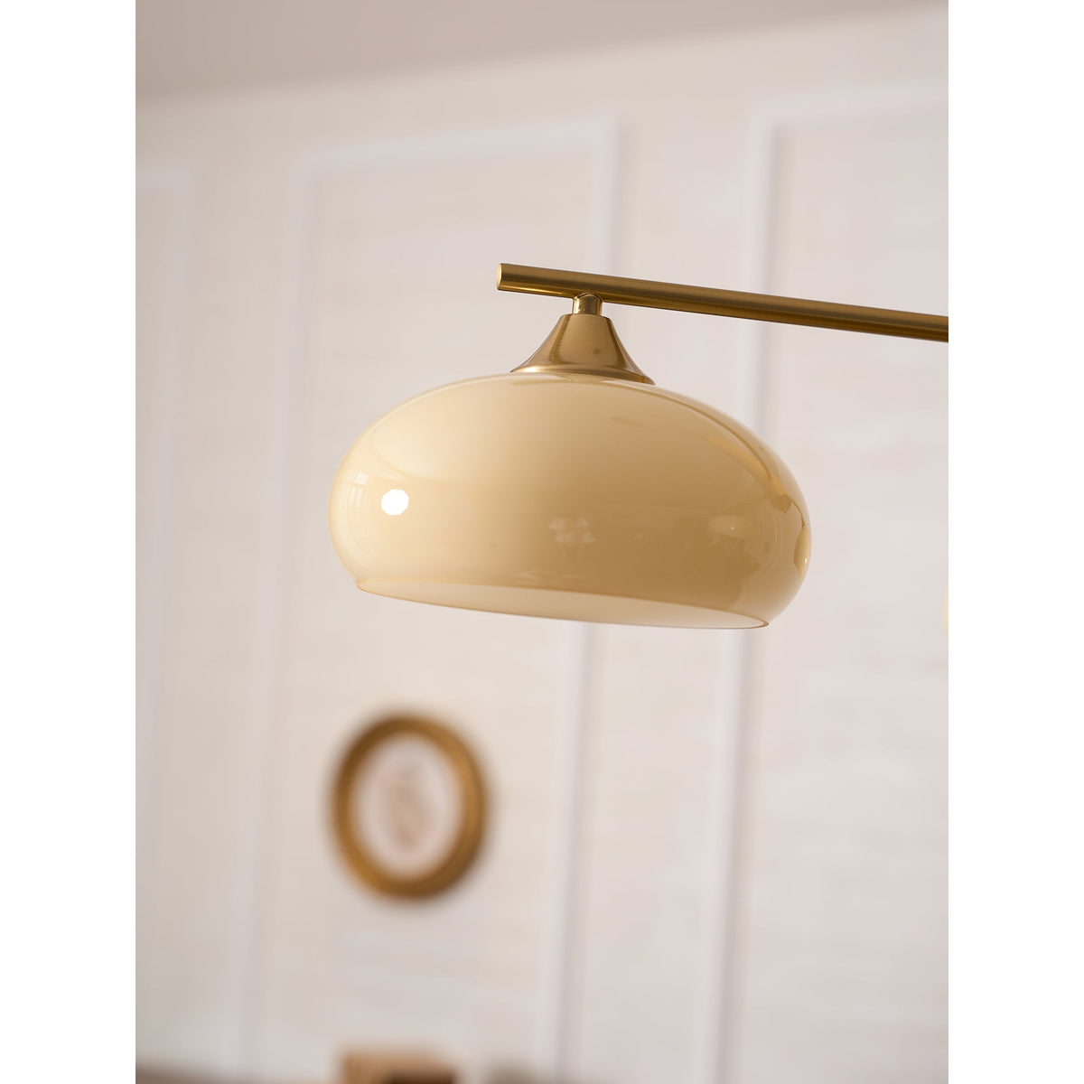 Elliptical Glass Globe Chandelier with Brass Arms | Dining Table Light Fixture