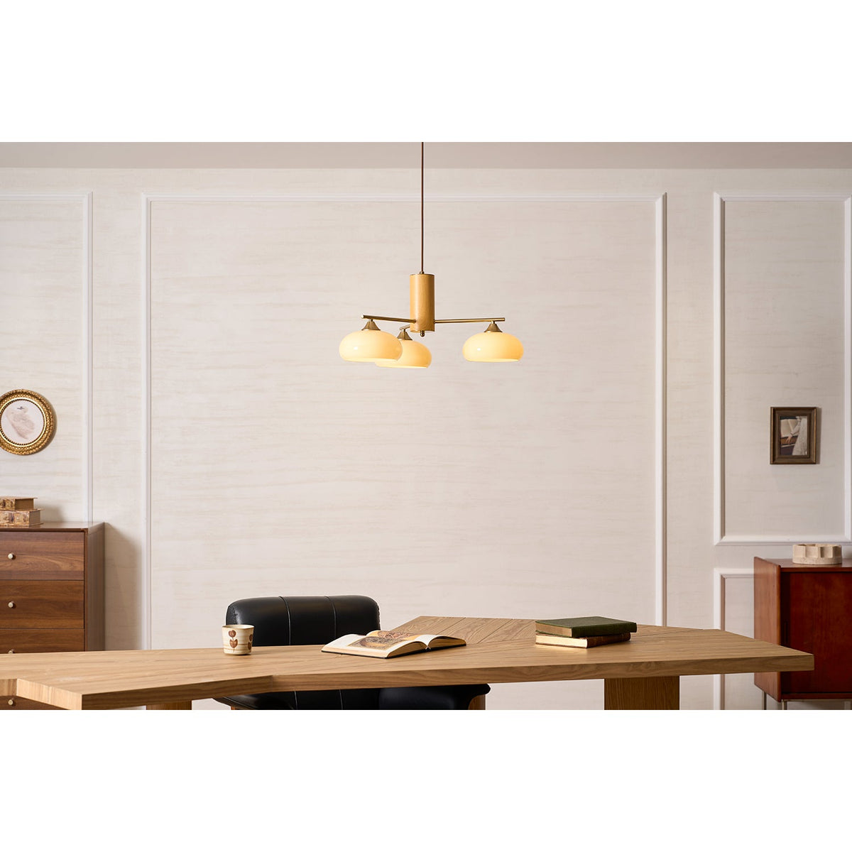 Elliptical Glass Globe Chandelier with Brass Arms | Dining Table Light Fixture