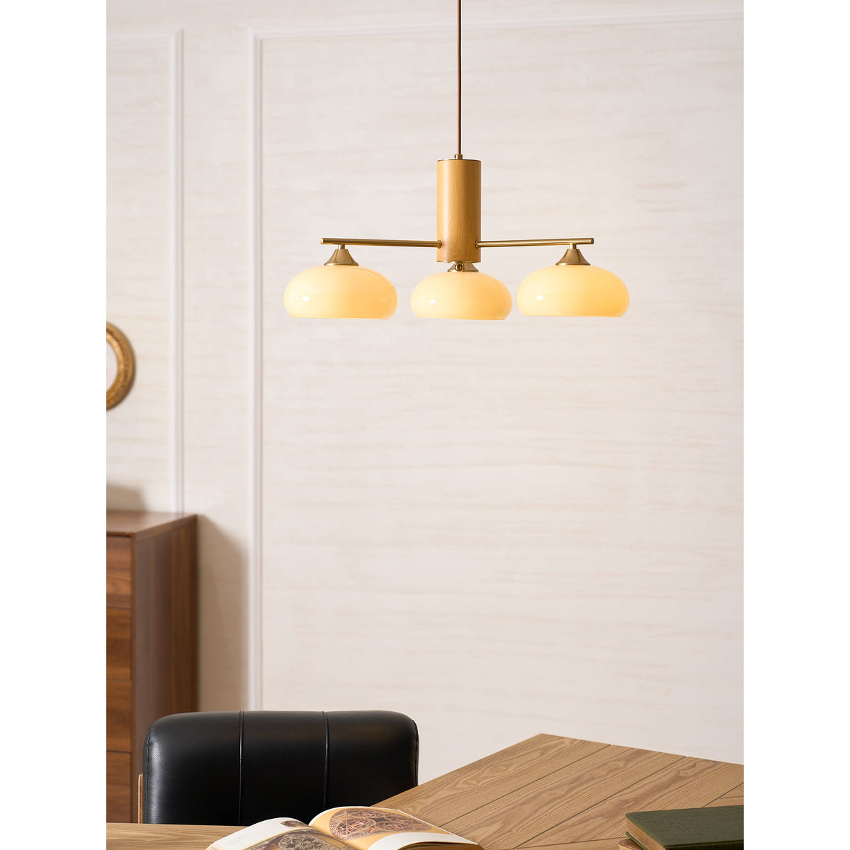 Elliptical Glass Globe Chandelier with Brass Arms | Dining Table Light Fixture