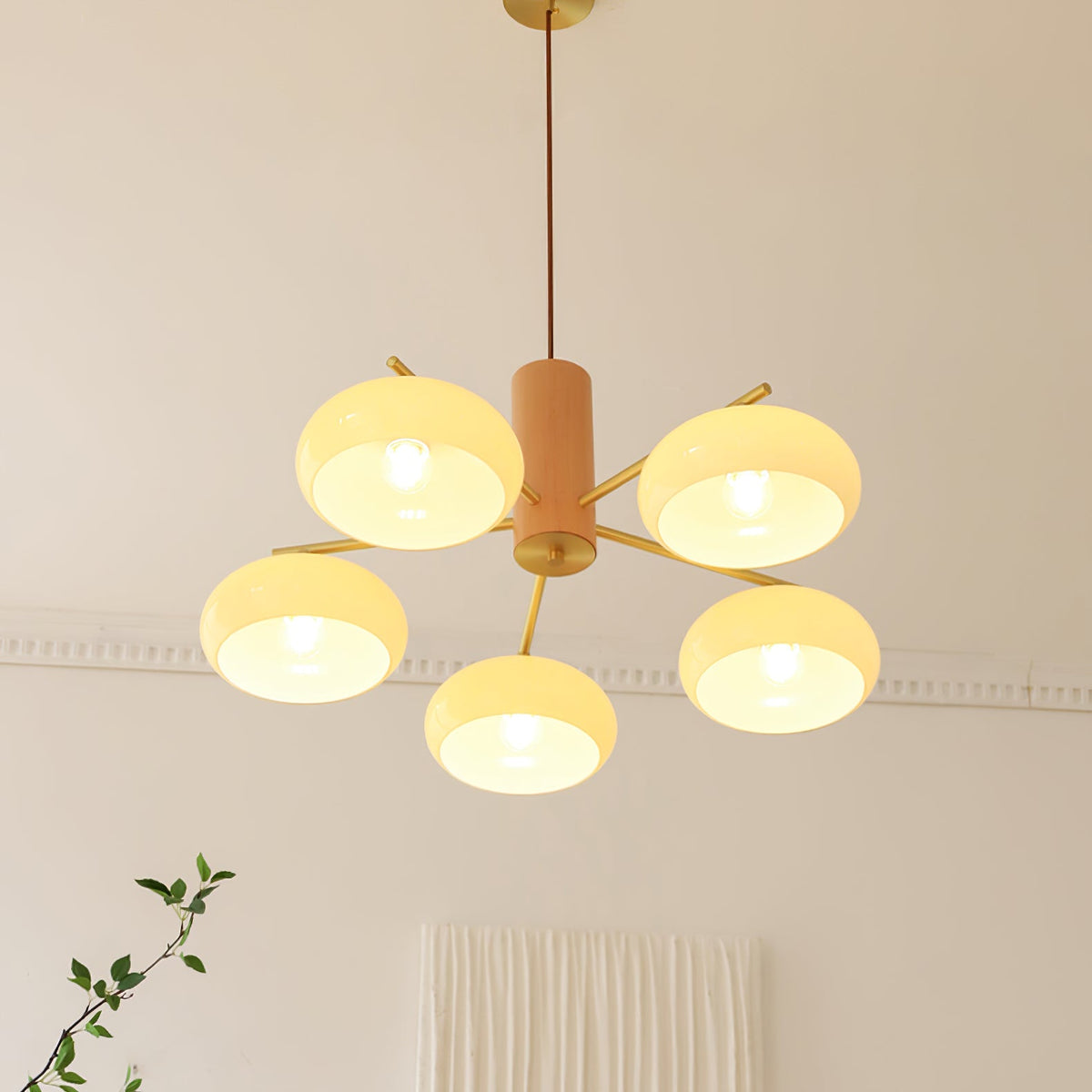 Elliptical Glass Globe Chandelier with Brass Arms | Dining Table Light Fixture