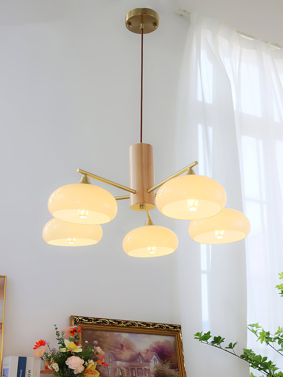 Elliptical Glass Globe Chandelier with Brass Arms | Dining Table Light Fixture