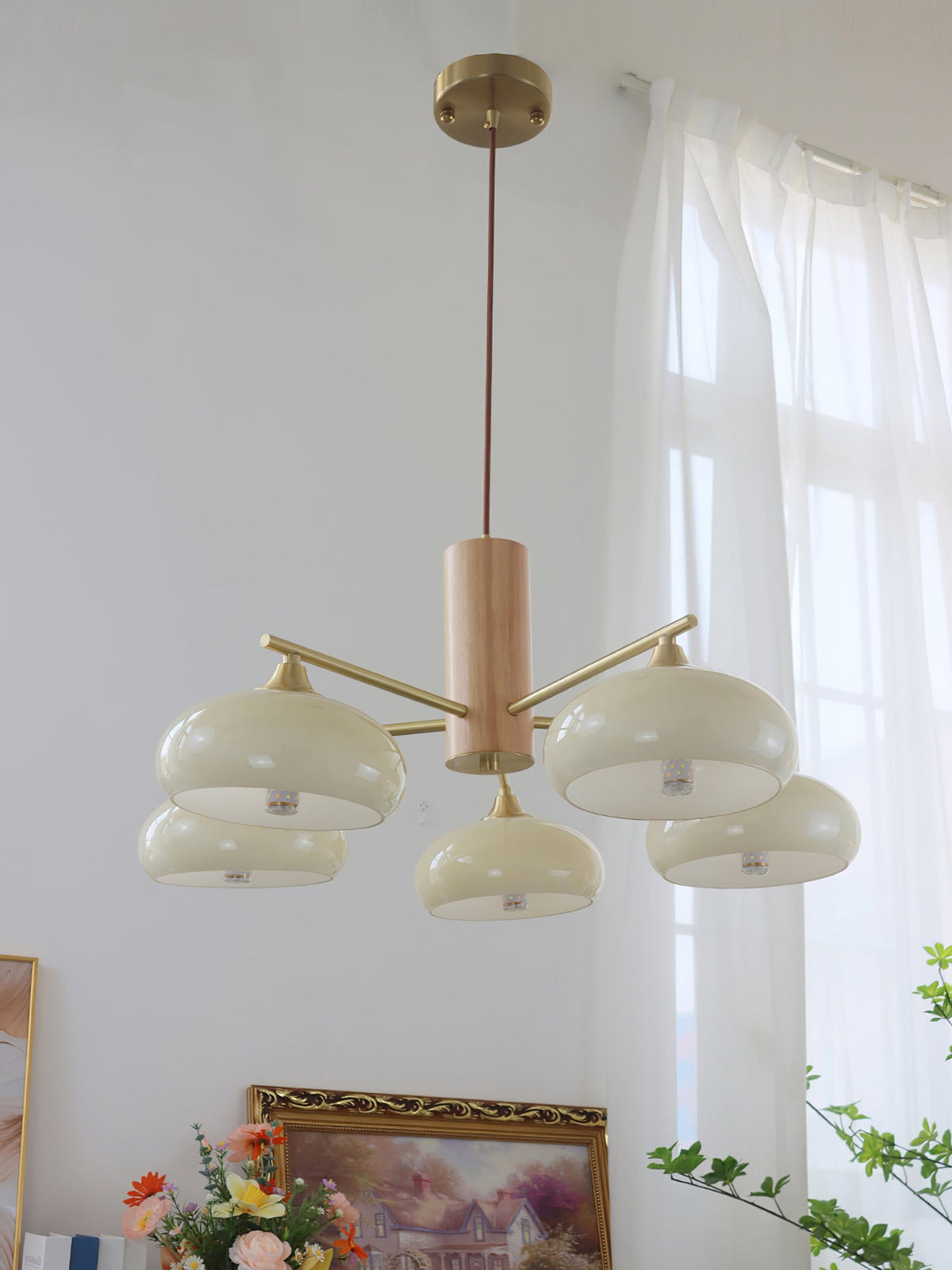 Elliptical Glass Globe Chandelier with Brass Arms | Dining Table Light Fixture