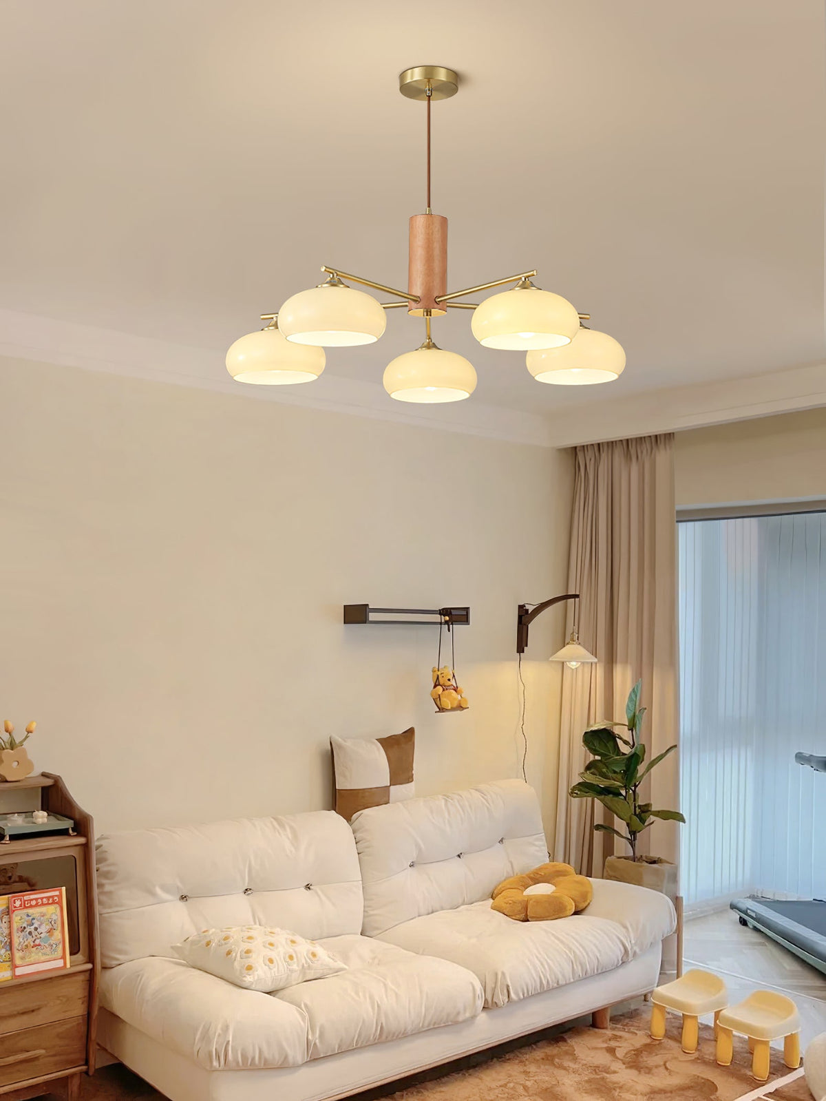 Elliptical Glass Globe Chandelier with Brass Arms | Dining Table Light Fixture