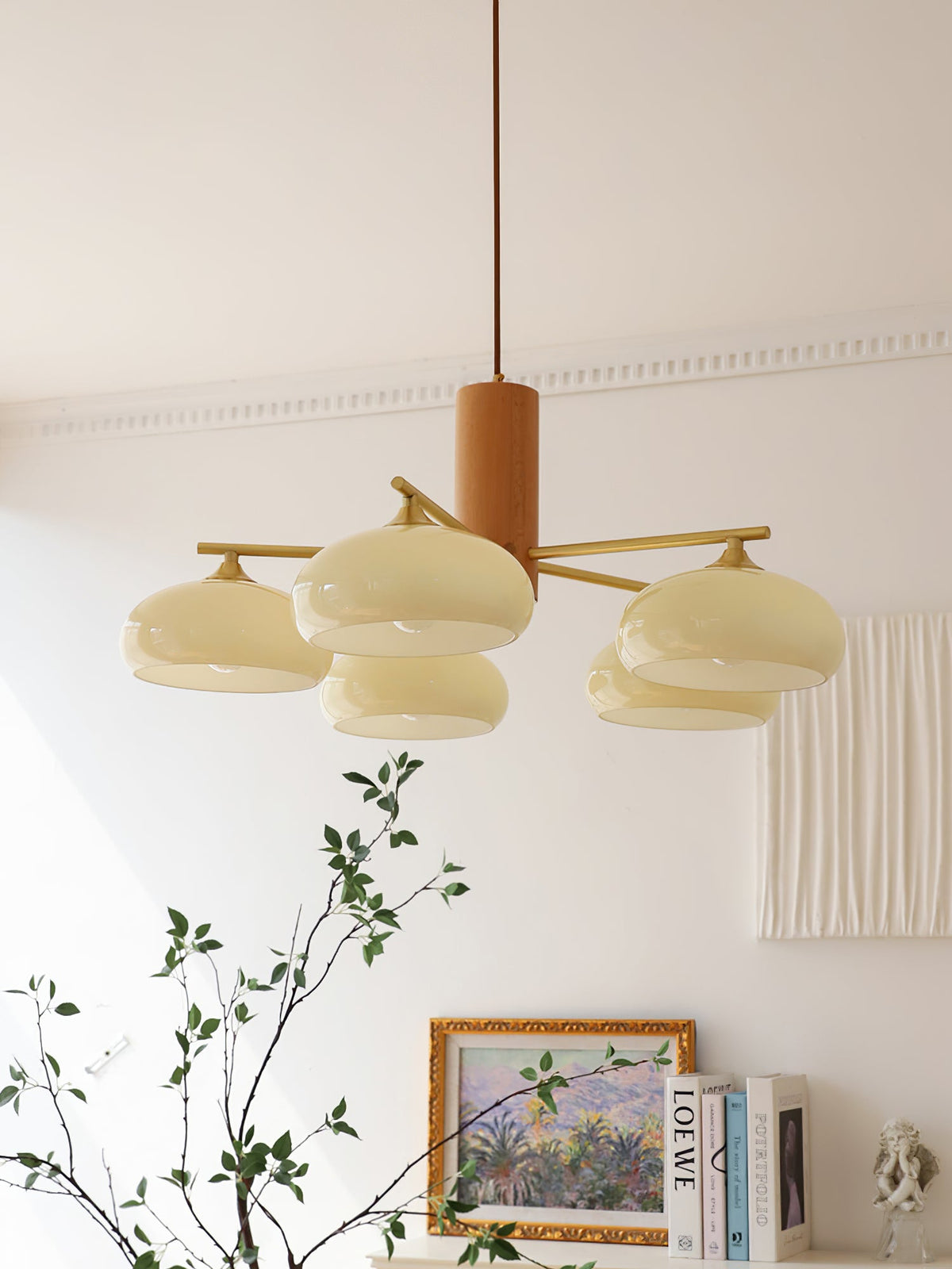 Elliptical Glass Globe Chandelier with Brass Arms | Dining Table Light Fixture