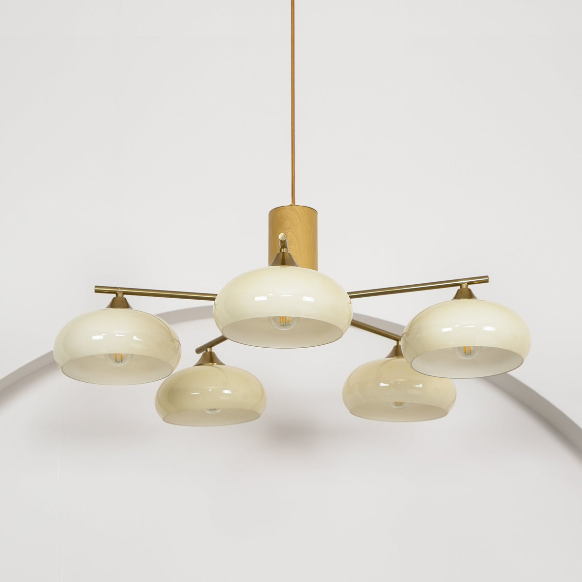 Elliptical Glass Globe Chandelier with Brass Arms | Dining Table Light Fixture