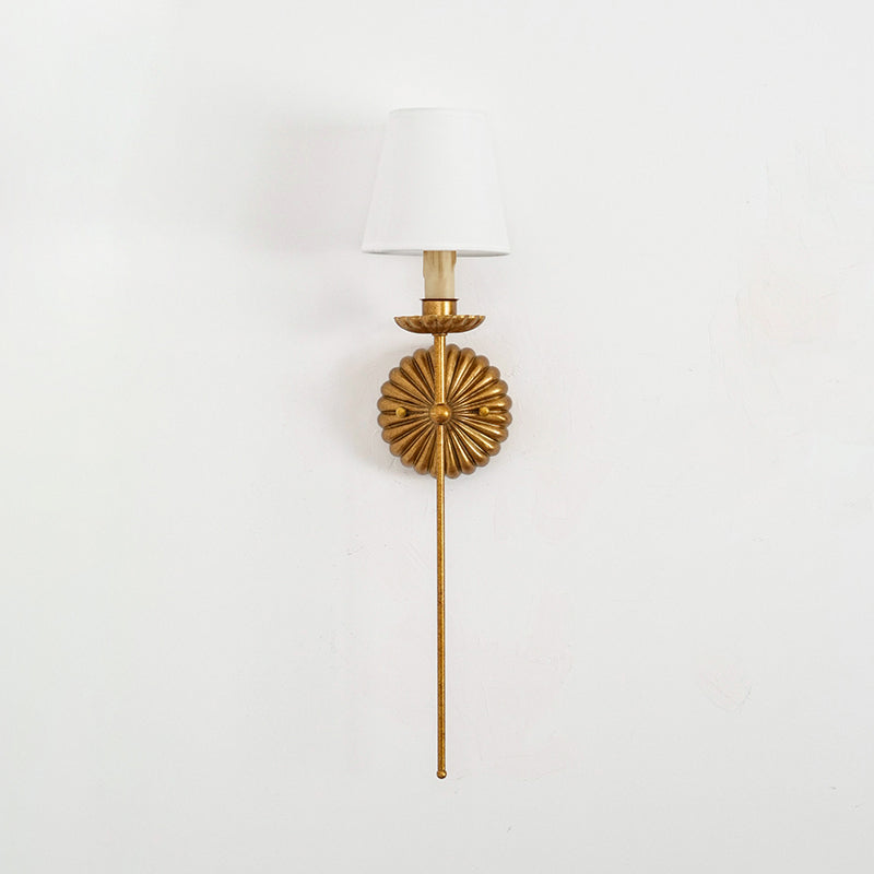 Gold Leaf Double Wall Sconce with Fabric Shades | Candle-Style Light for Hallways