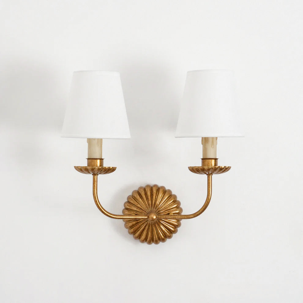 Gold Leaf Double Wall Sconce with Fabric Shades | Candle-Style Light for Hallways