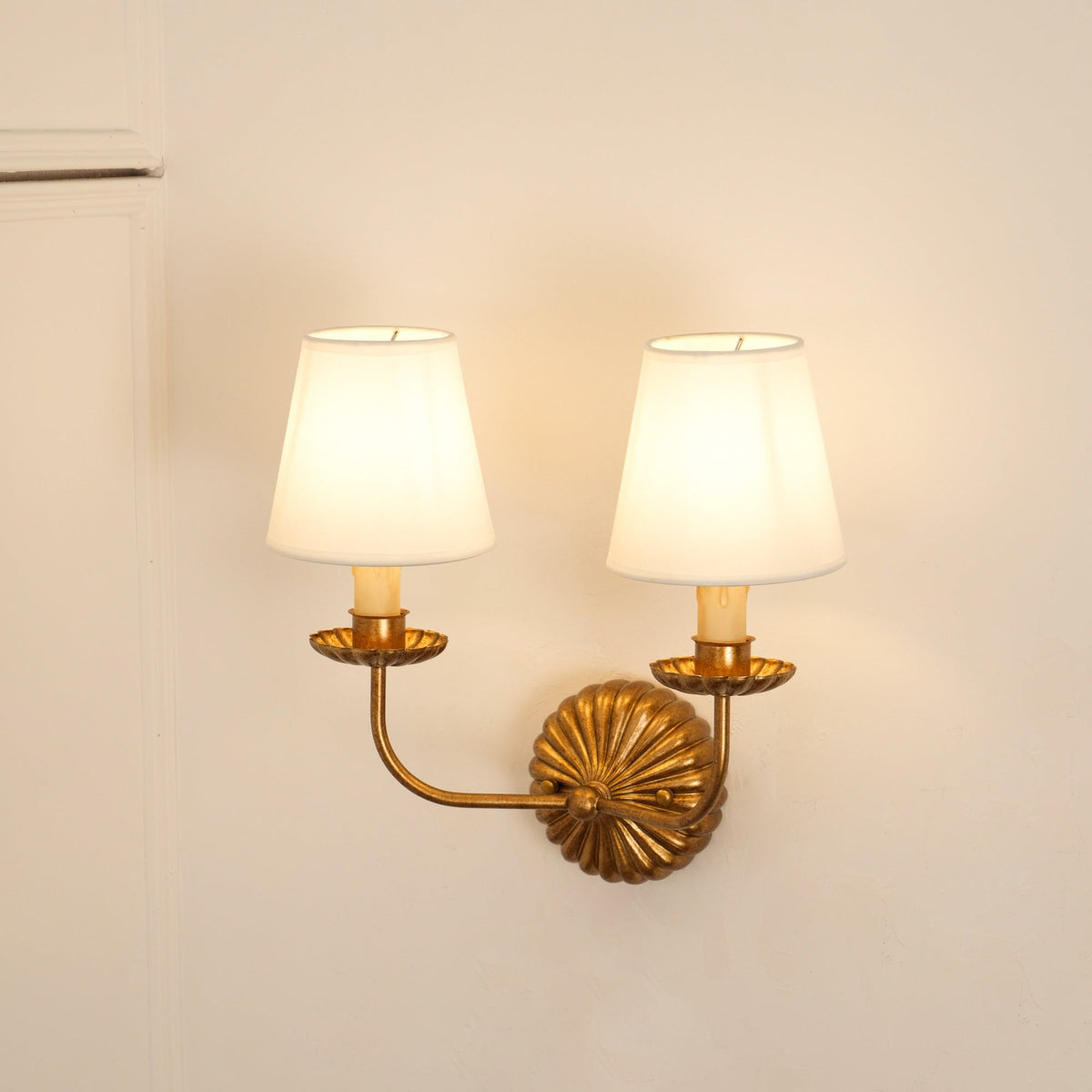 Gold Leaf Double Wall Sconce with Fabric Shades | Candle-Style Light for Hallways