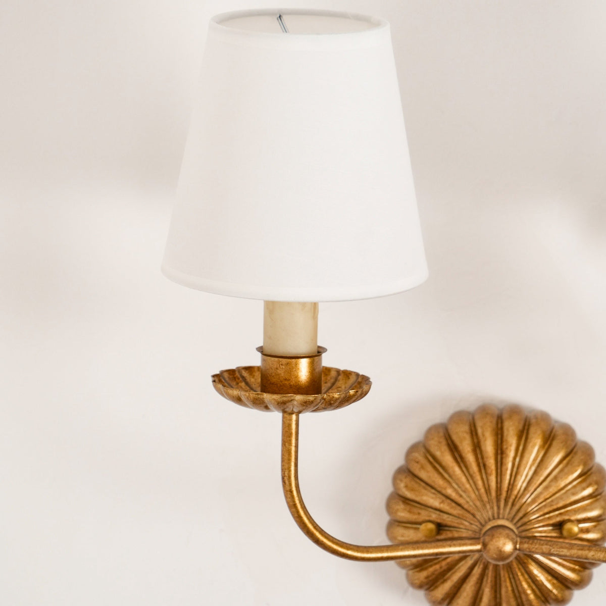 Gold Leaf Double Wall Sconce with Fabric Shades | Candle-Style Light for Hallways