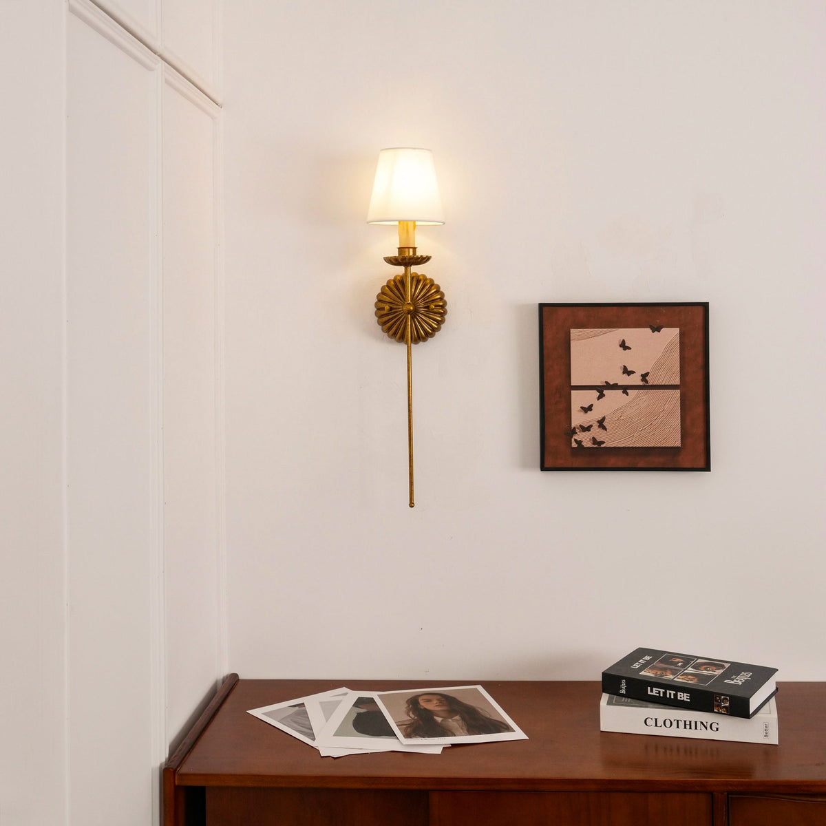 Gold Leaf Double Wall Sconce with Fabric Shades | Candle-Style Light for Hallways
