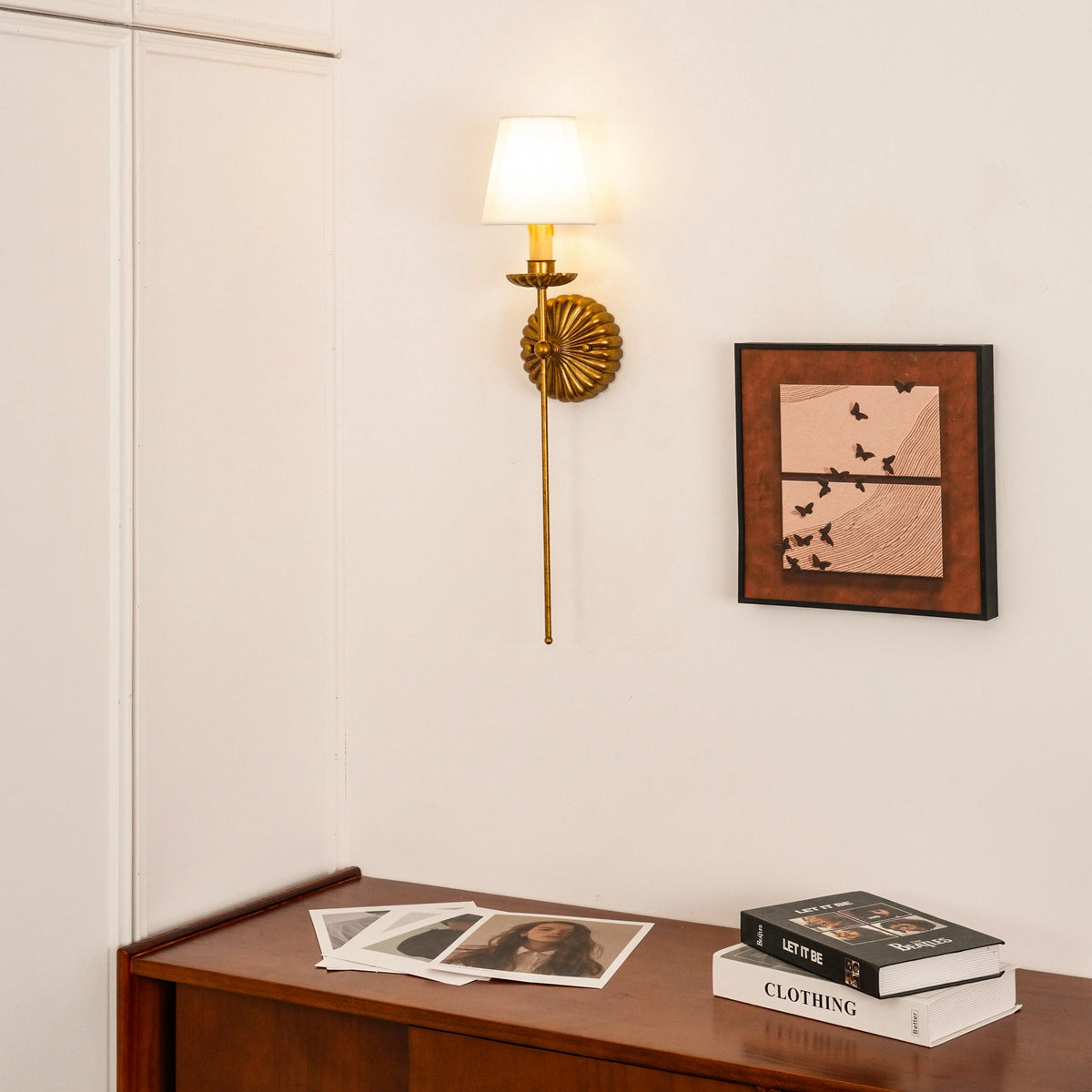 Gold Leaf Double Wall Sconce with Fabric Shades | Candle-Style Light for Hallways