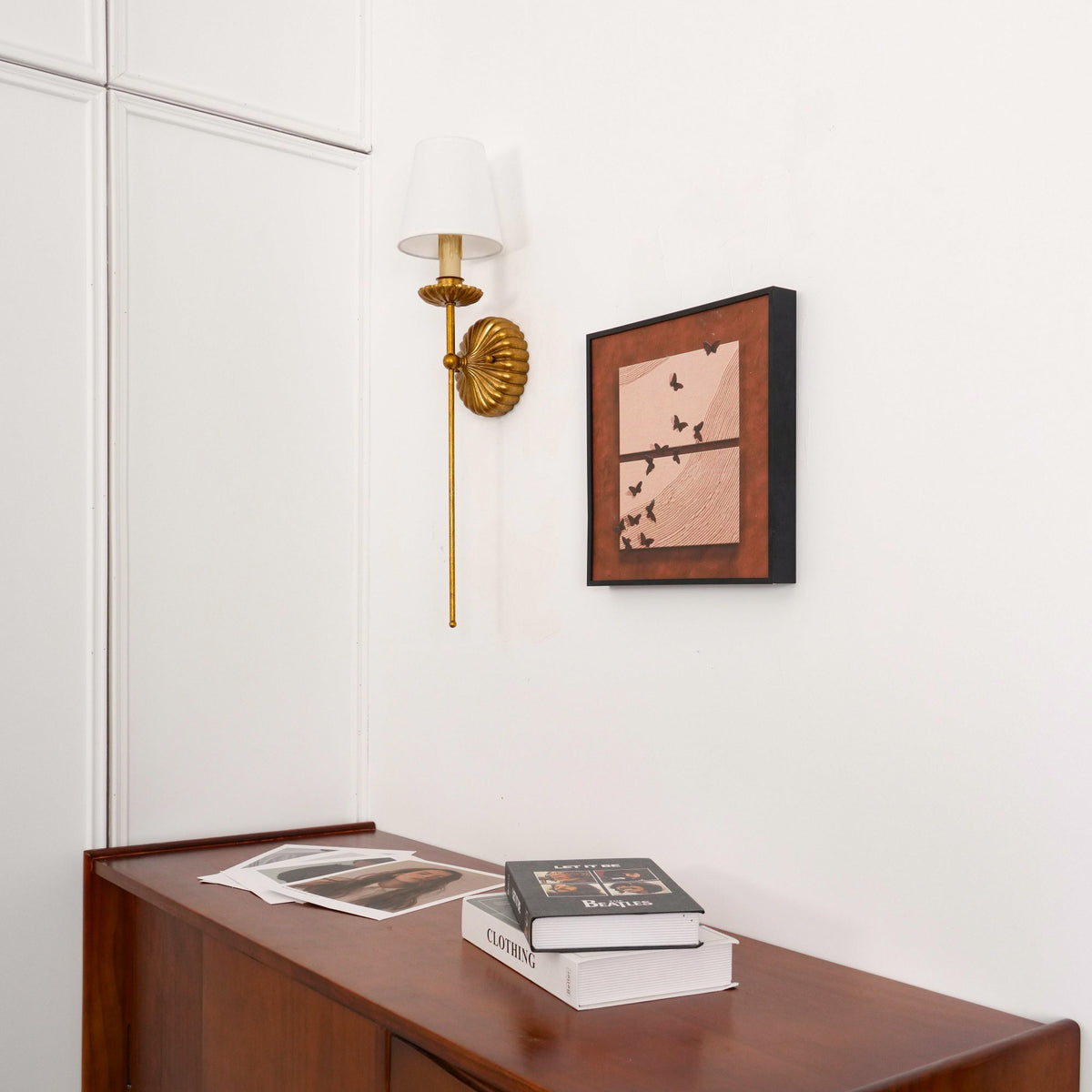 Gold Leaf Double Wall Sconce with Fabric Shades | Candle-Style Light for Hallways