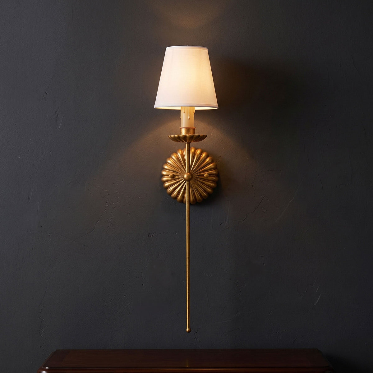 Gold Leaf Double Wall Sconce with Fabric Shades | Candle-Style Light for Hallways