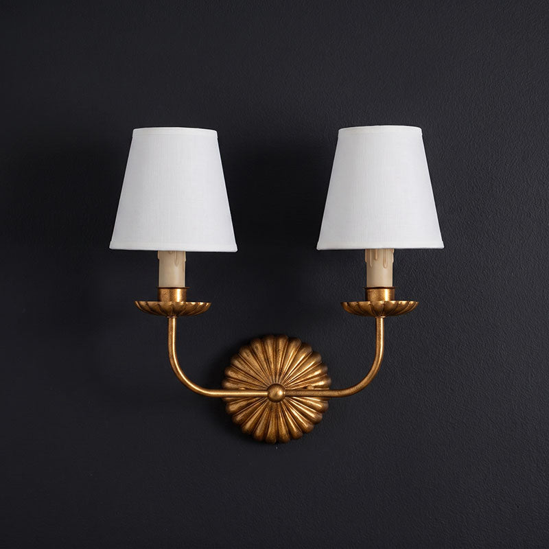 Gold Leaf Double Wall Sconce with Fabric Shades | Candle-Style Light for Hallways