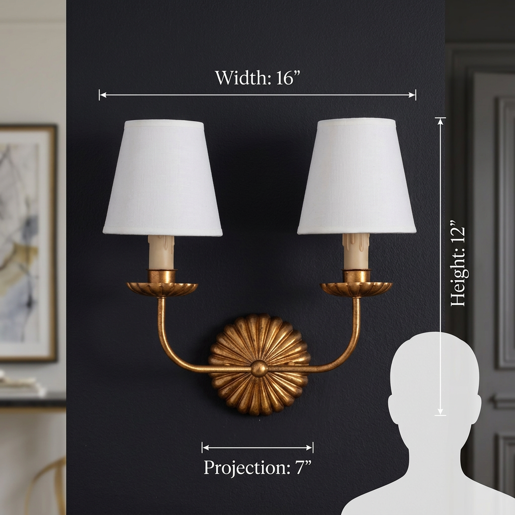 Gold Leaf Double Wall Sconce with Fabric Shades | Candle-Style Light for Hallways