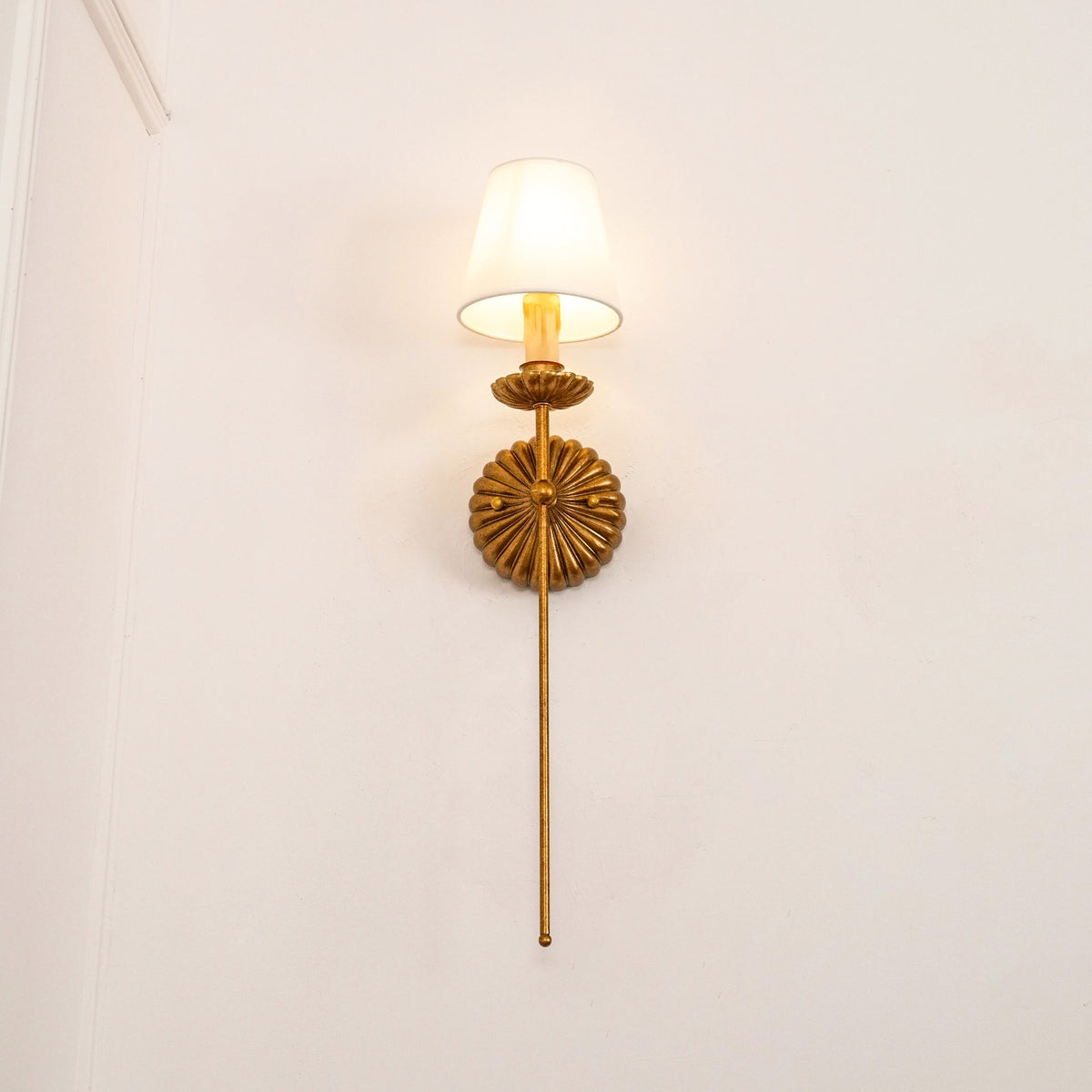 Gold Leaf Double Wall Sconce with Fabric Shades | Candle-Style Light for Hallways