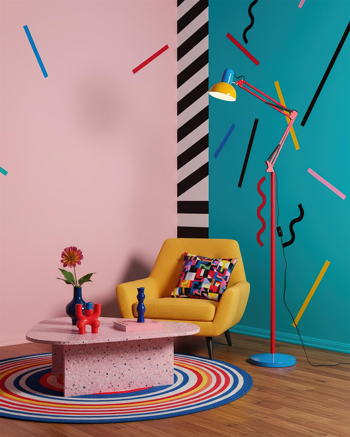 Memphis Style Arc Floor Lamp with Adjustable Arm | Bold Color Block Light