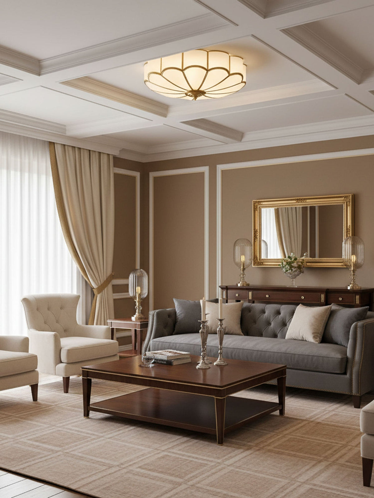 Flower Shape Frosted Glass Ceiling Light with Brass Frame for Soft Ambient Glow