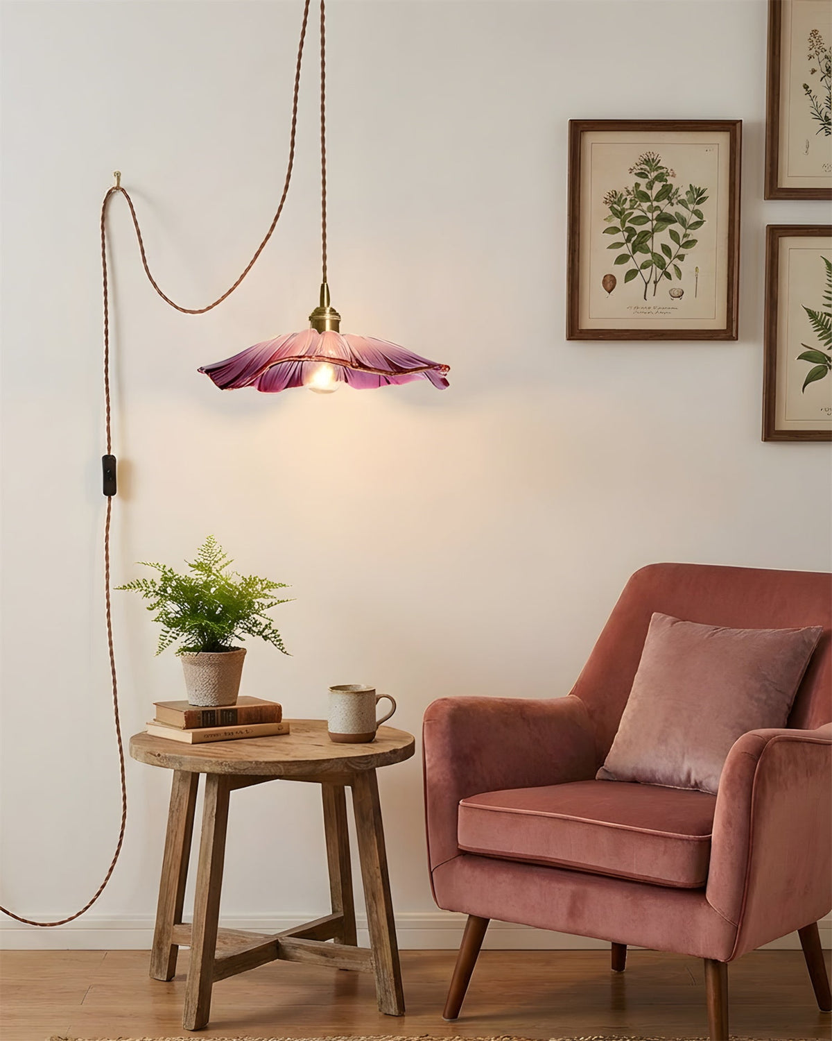 Posy | Plug In Pendant Light with Flower Glass Shade | Dimmable Hanging Lamp for Bedroom