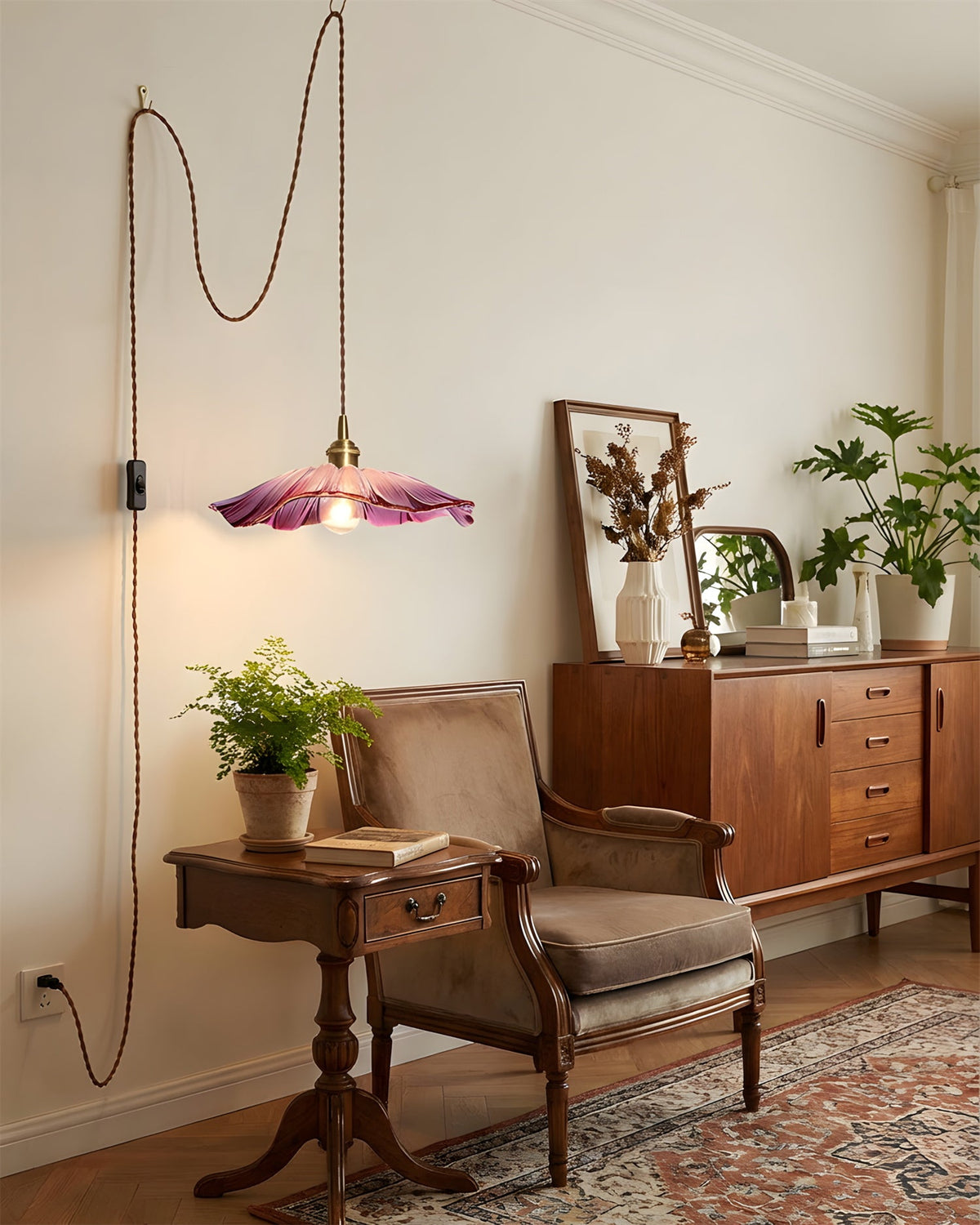 Posy | Plug In Pendant Light with Flower Glass Shade | Dimmable Hanging Lamp for Bedroom