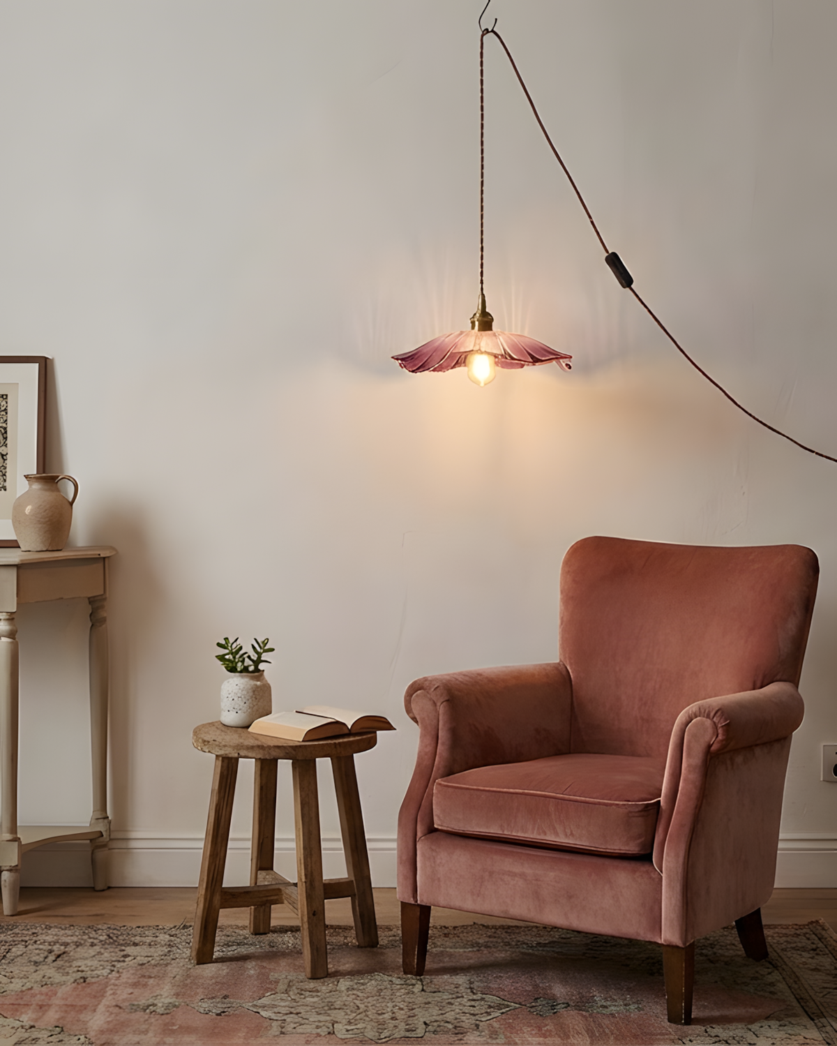 Posy | Plug In Pendant Light with Flower Glass Shade | Dimmable Hanging Lamp for Bedroom