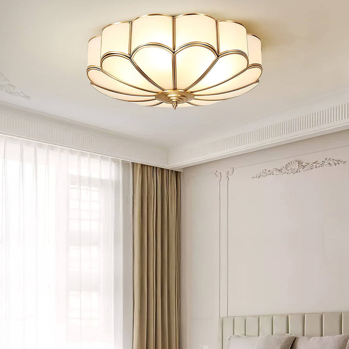 Flower Shape Frosted Glass Ceiling Light with Brass Frame for Soft Ambient Glow